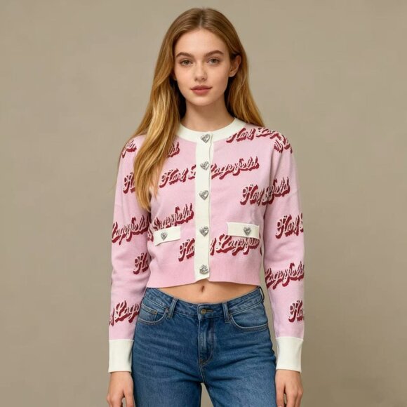 Karl Lagerfeld Sweaters - $399 NWT Karl Lagerfeld Women Pink Logo Cardigan Sweater Jacket Rhinestone Heart